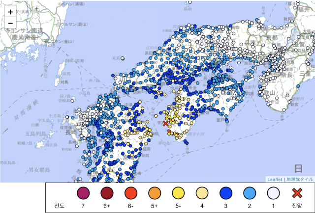 일본 기상청 홈페이지 '지진 정보' 지도 화면 갈무리