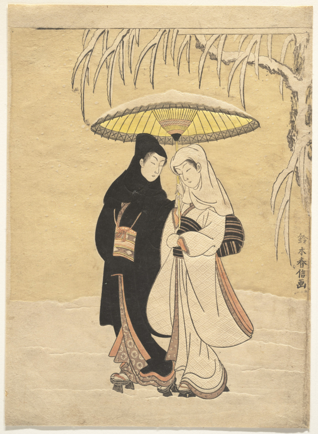 눈보라 속에서 우산을 쓰고 걷는 연인들, 1769, 목판화, 25.7&times;19.1cm, 메트미술관 소장.