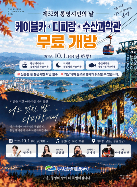 10월 1일 통영케이블카·디피랑·수산과학관 무료 개방