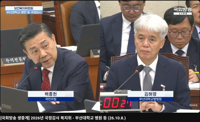 8일 열린 국회 보건복지위 국감에서 국민의힘 백종헌 의원이 부산대병원 김해영 병원장에게 질의하고 있다. 국회방송 생중계 화면 캡처